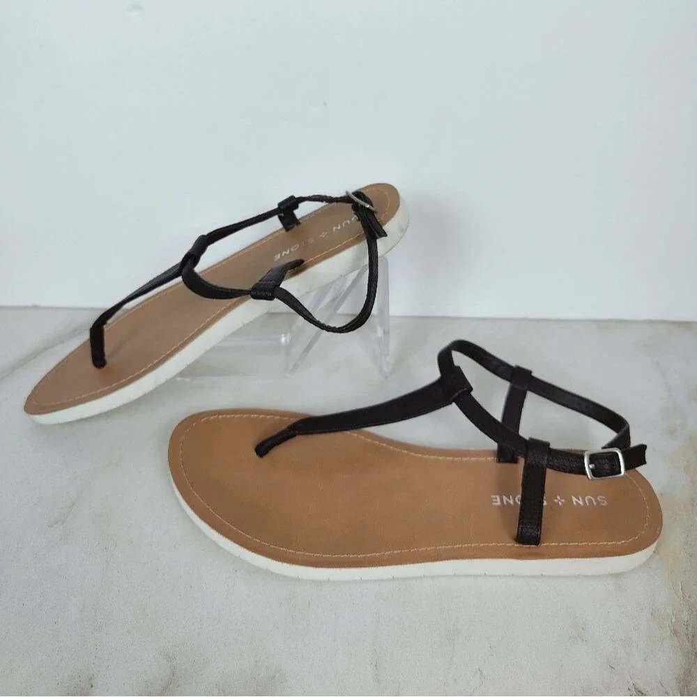 Sun + Stone Kristi Black Faux Leather Slingback Flat T-Strap Thong Sandals, 7.5